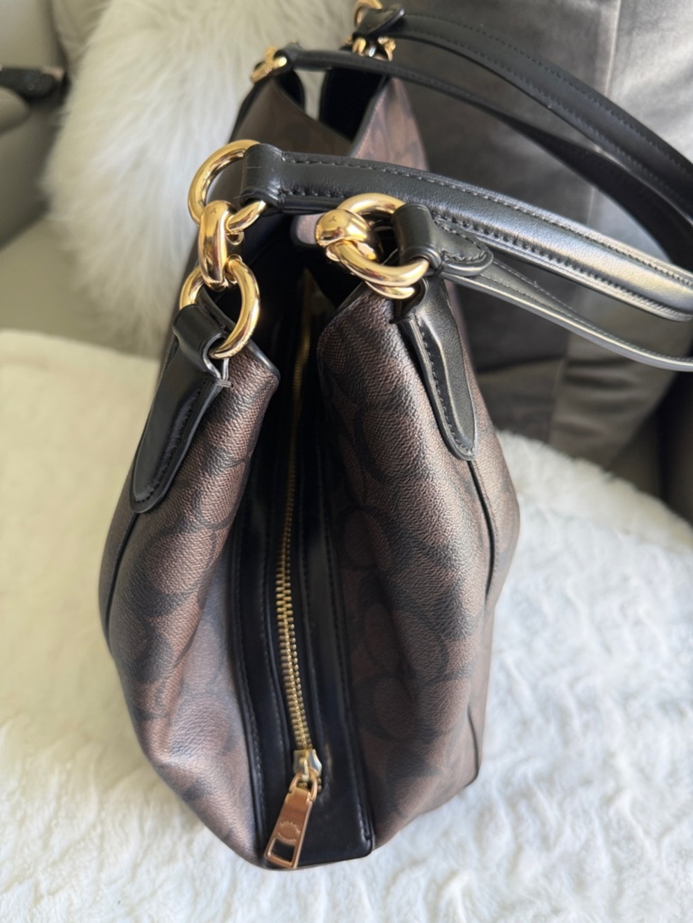 Coach Dark Brown Signature Canvas Shoulder Bag with Black Leather Straps - Picture 2 of 12